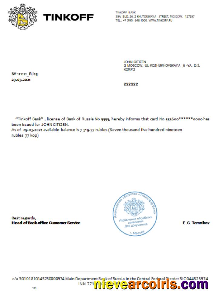 Russia Tinkoff reference rubli in English